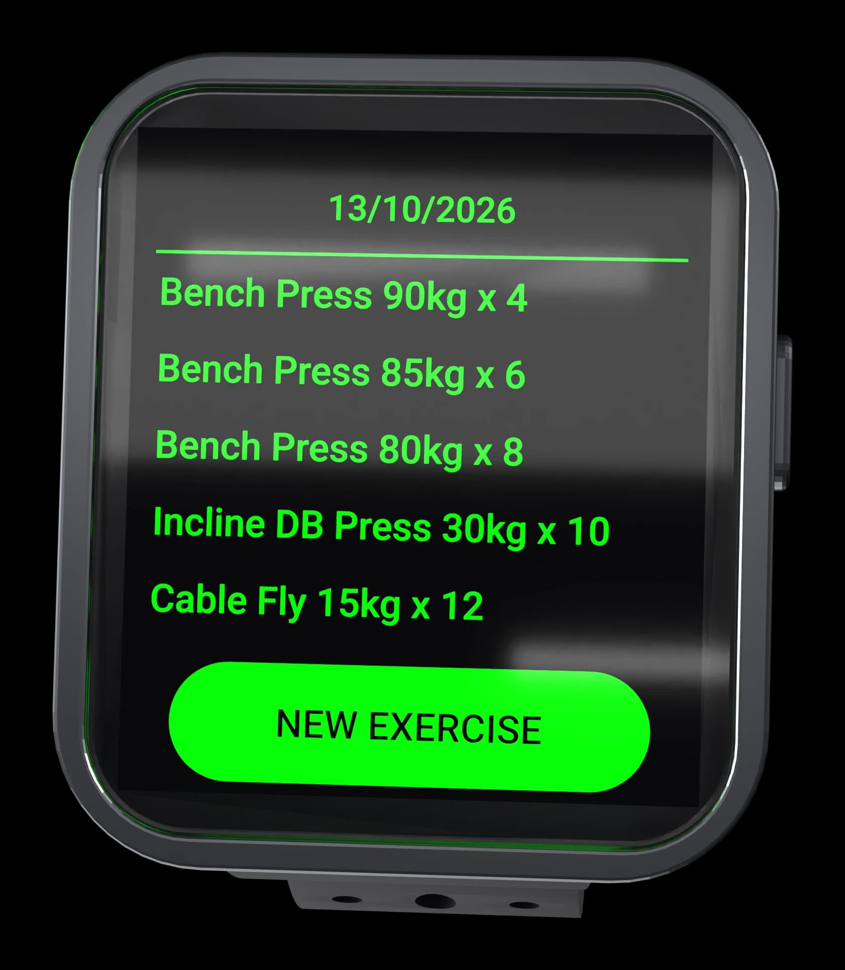 LiftCloud running on an Amazfit Bip 6, showing a logged session with bench press, incline press and cable fly sets