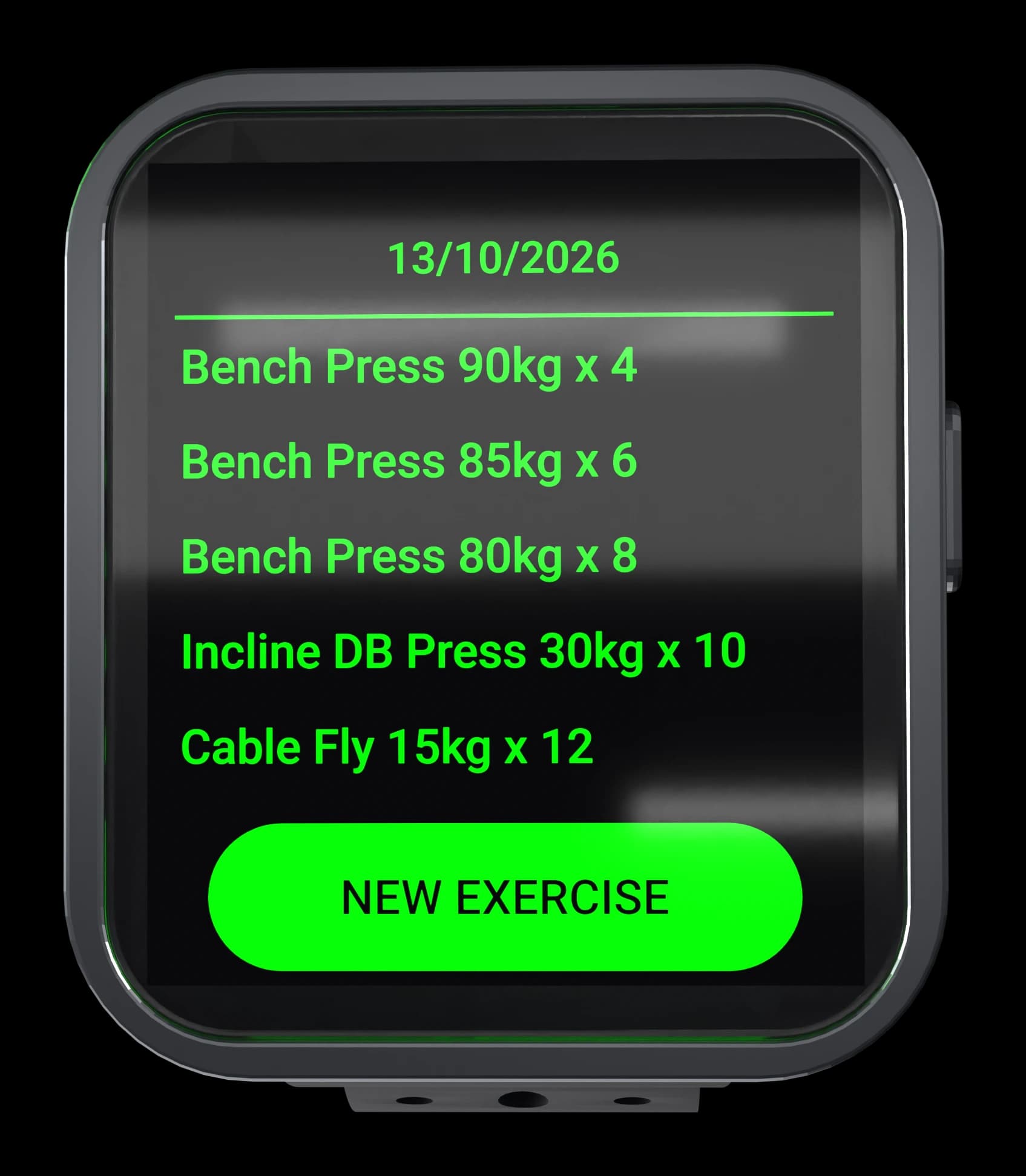 The history list on a Bip 6, showing sets grouped by day with volume per exercise