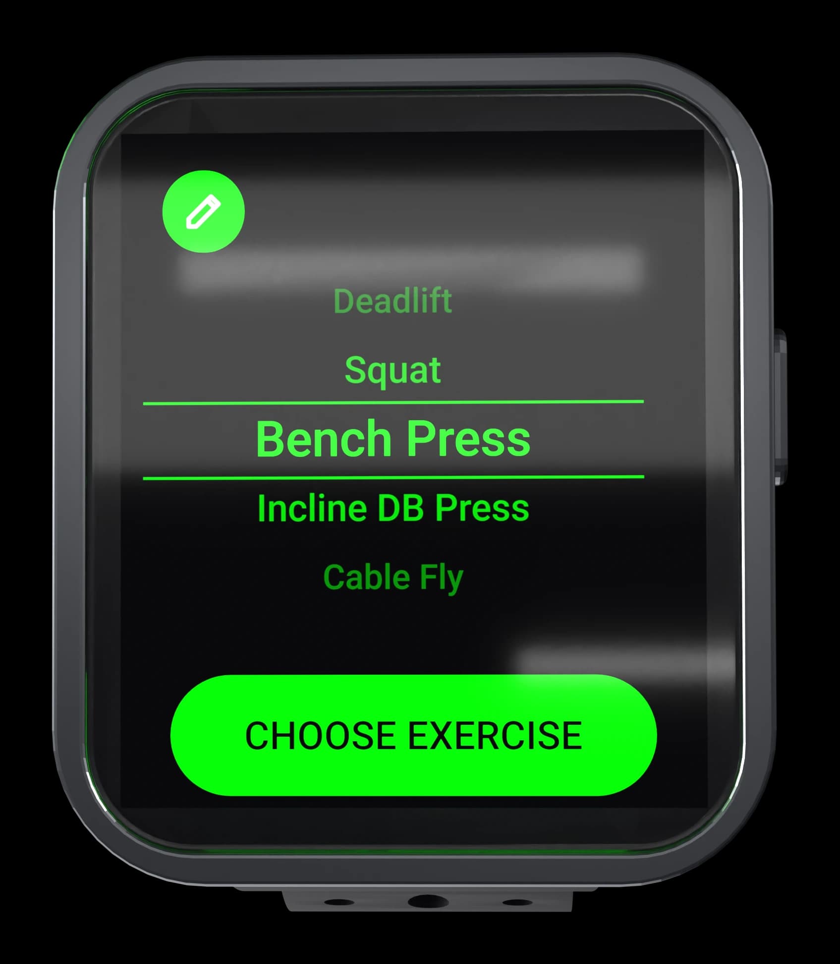 The exercise picker on a Bip 6, with Bench Press selected between Squat and Incline DB Press, over a CHOOSE EXERCISE button