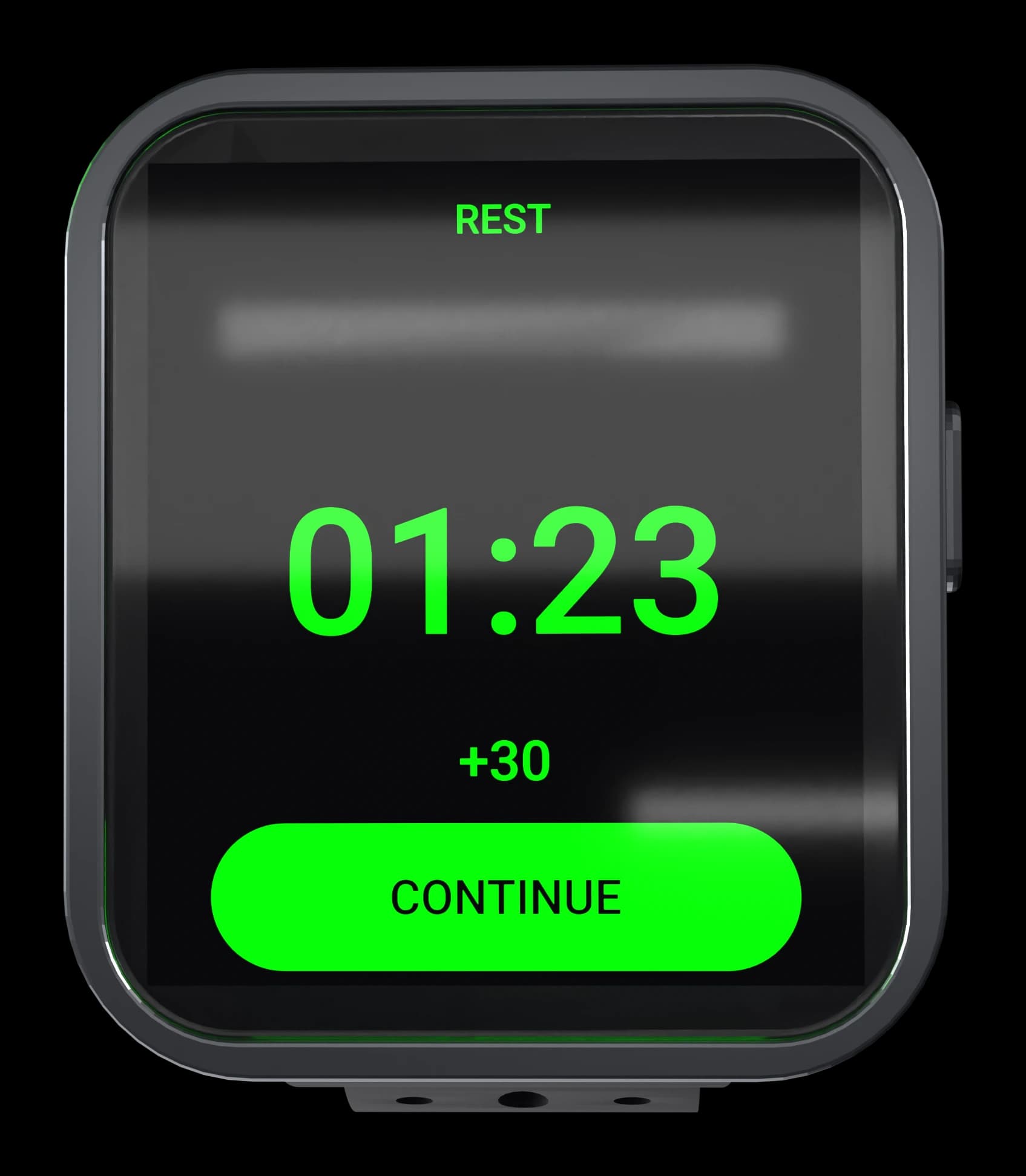 The rest countdown on a Bip 6 showing 01:23, with a +30 control above a CONTINUE button